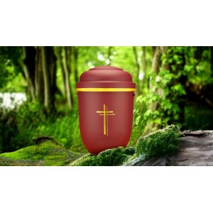 Biodegradable Cremation Ashes Funeral Urn / Casket - RED BEACON with GOLD CROSS